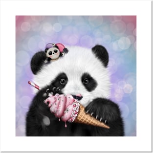 Panda with pink ice-cream and macarons Posters and Art